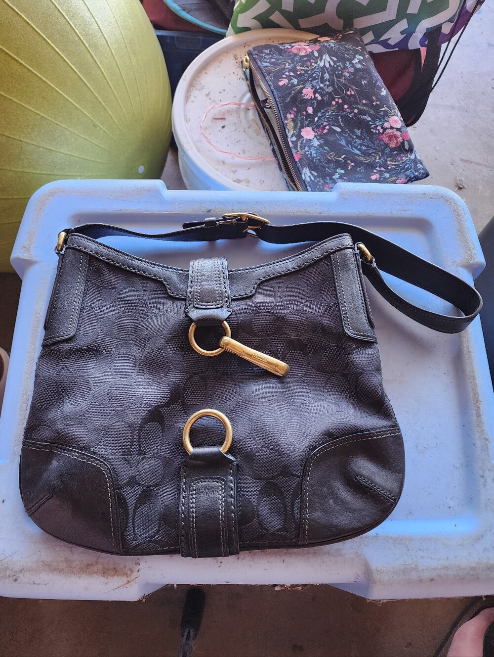 Coach Black Signature Jacquard Shoulder Bag with Gold Hardware Accent
